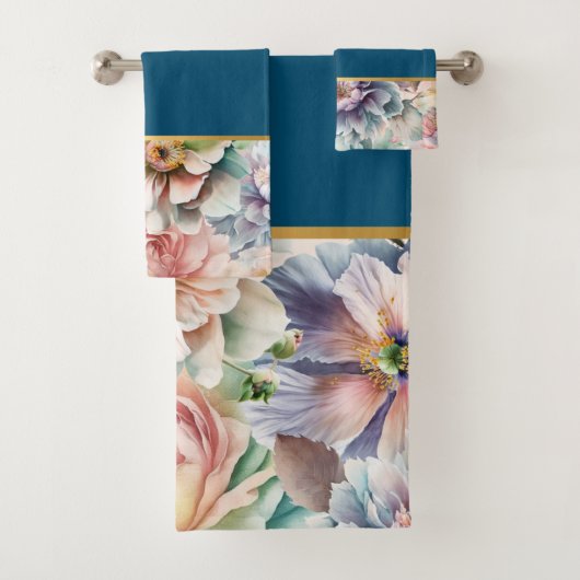 PASTEL LENTE BLOEMEN NAVY BADKAMER HANDDOEK SET (Insitu)