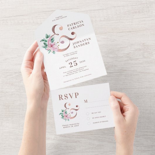 Pastel lente blush roze bloemenelegante bruiloft all in one uitnodiging (Afscheurbaar)