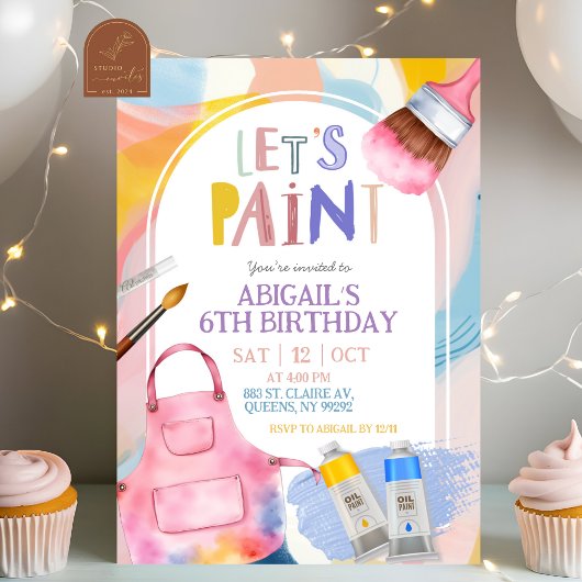 Pastel Let's Paint Girl Birthday Party Kaart