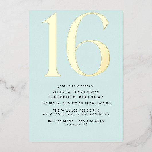 Pastel Lichtblauw & Goud | Eenvoudig Schattige zoe Folie Uitnodiging (Voorkant)