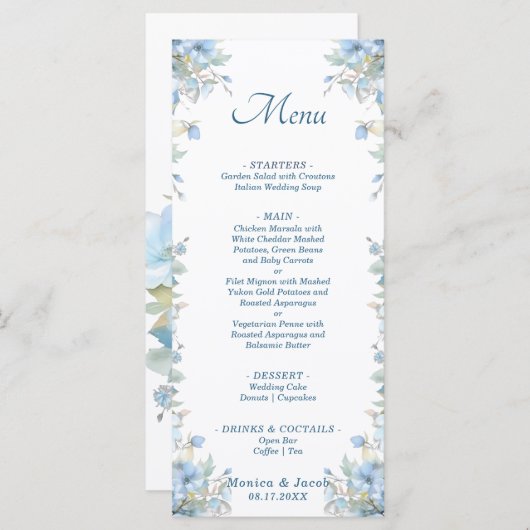 Pastel Lichtblauwe Rozen Bloemenbruiloft Menu (Voorkant / Achterkant)