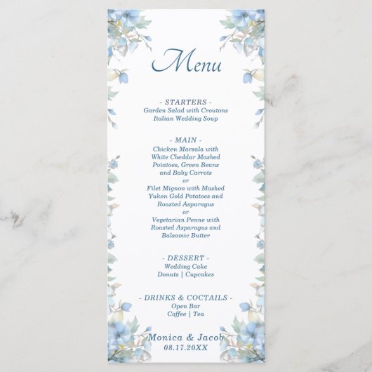 Pastel Lichtblauwe Rozen Bloemenbruiloft Menu (Voorkant)