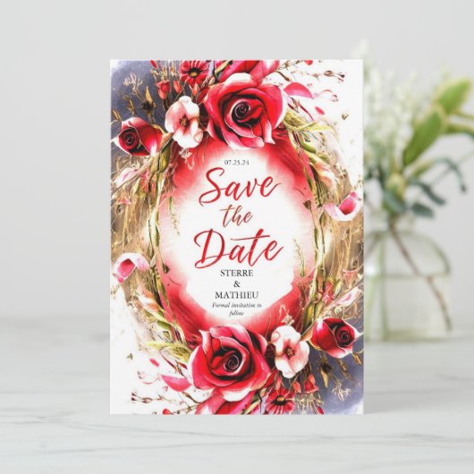 Pastel Liefde Diep Rode Rozen Bruiloft Save The Date (Staand voorkant)