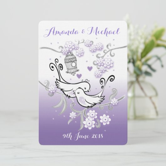 Pastel liefde vogels gepersonaliseerde bruiloft ui kaart (Staand voorkant)