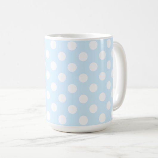 Pastel Light Blue en Big White Polka Dots Koffiemok (Voorkant rechts)