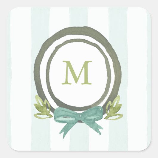 Pastel Light Blue en Green Monogram Crest Vierkante Sticker (Voorkant)
