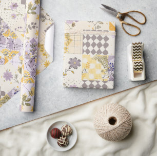 Pastel Lila Geel Quilt Gingham Cottagecore Cadeaupapier