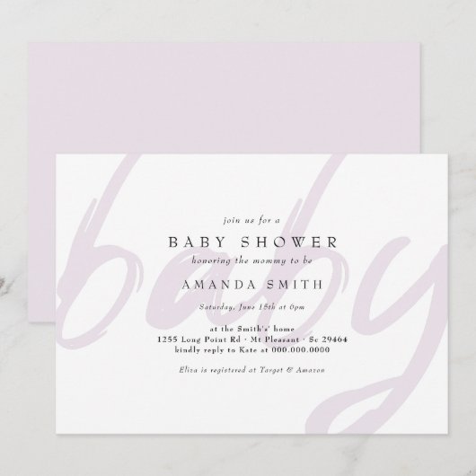 Pastel Lila Minimale Genderneutrale Baby shower Kaart (Voorkant / Achterkant)