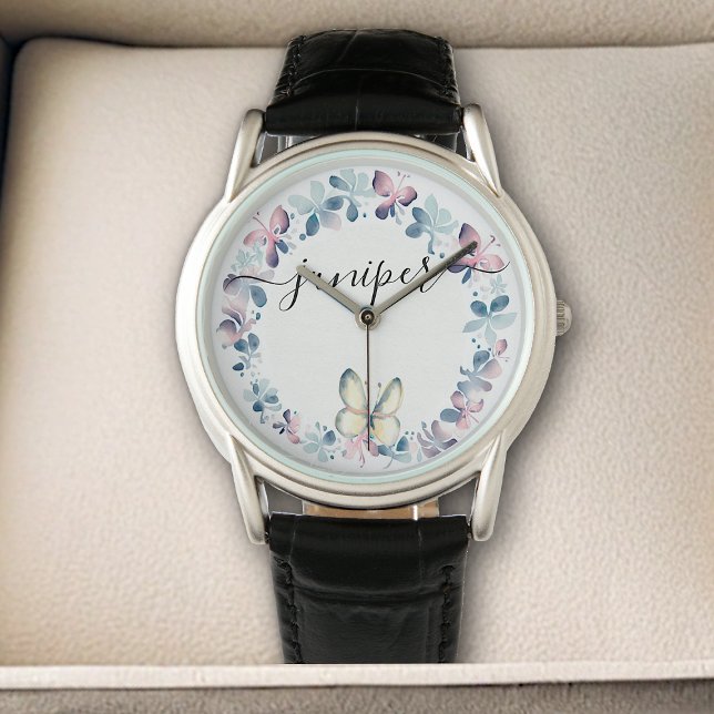 Pastel Lila Mooie Bloemkrans Vlinder Horloge (Creator heeft geüpload)