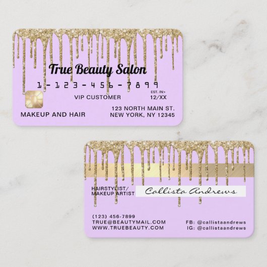 Pastel Lila Paarse Gouden Glitter Druppelt Krediet Visitekaartje (Voorkant / Achterkant)