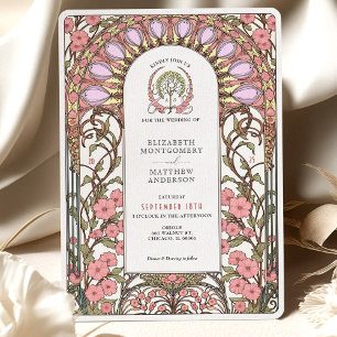 Pastel Lila & Zacht Roze Art Nouveau Huwelijk Kaart