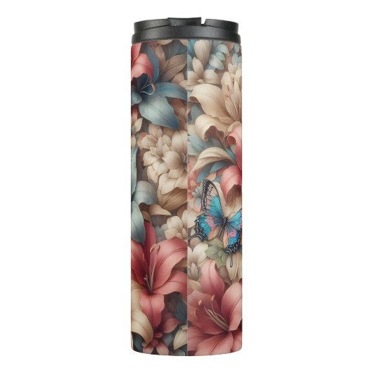 Pastel Lily Butterfly Floral Pattern Thermosbeker (Achterkant)