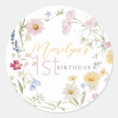 Pastel Little Wildflower Meisje 1e verjaardag Ronde Sticker (Voorkant)