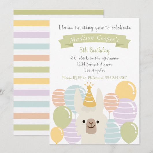 Pastel Llama en Balloons Birthday Kaart (Voorkant / Achterkant)
