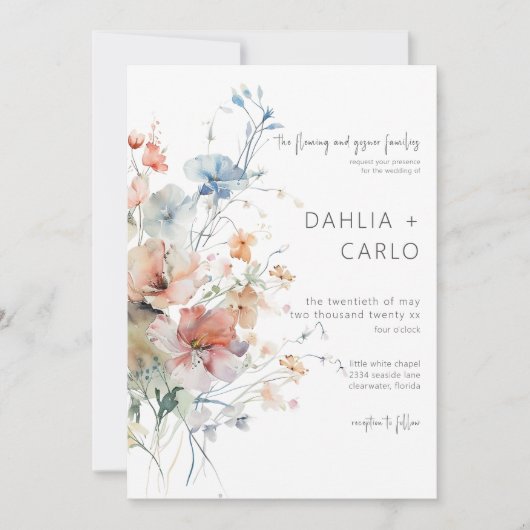 Pastel Losse Wildbloemen Moderne bruiloft Kaart (Voorkant)