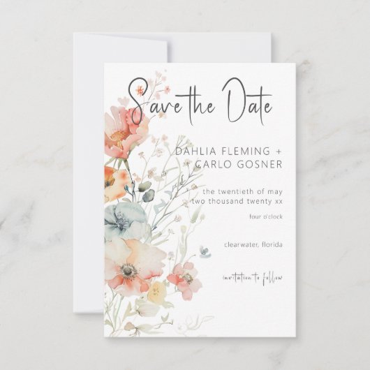 Pastel Losse Wildbloemen Moderne bruiloft Save The Date (Voorkant)