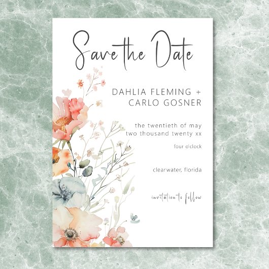 Pastel Losse Wildbloemen Moderne bruiloft Save The Date