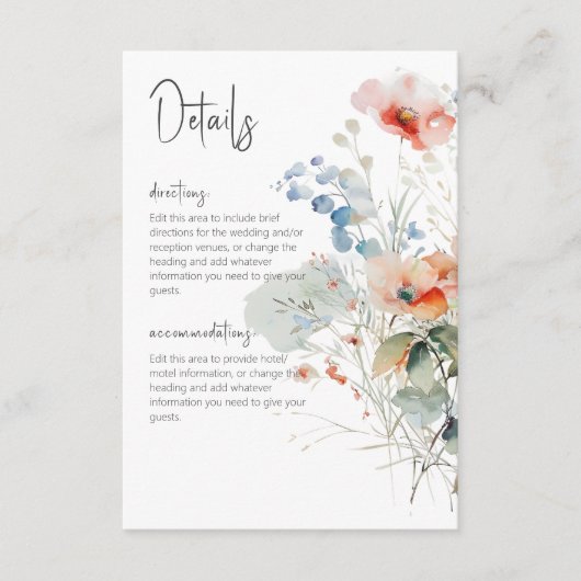 Pastel losse wilde bloemen moderne bruiloft detail informatiekaartje (Voorkant)