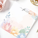 Pastel Lotus Waterverf Bloemen gepersonaliseerd Notitieblok<br><div class="desc">Dit gepersonaliseerde notitieblok heeft delicate pastellotusbloemen in een zacht waterverf ontwerp, waardoor een rustige en elegante esthetiek ontstaat. Ideaal voor liefhebbers van natuur, yogaliefhebbers en mensen die rustgevende briefpapier waarderen. Pas de tekst aan de bovenkant aan voor een uniek tintje, waardoor deze ideaal is voor journaling, notities maken of cadeau...</div>
