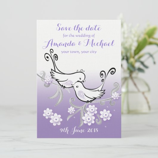 Pastel lovebirds bruiloft Save the Date briefkaart (Staand voorkant)