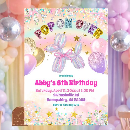 Pastel Lovertjes Pop Over Hond Ballon Uitnodiging