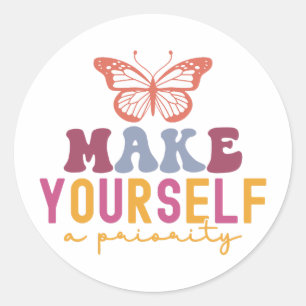 Pastel "Maak jezelf een prioriteit" Zelfzorg Grafi Ronde Sticker