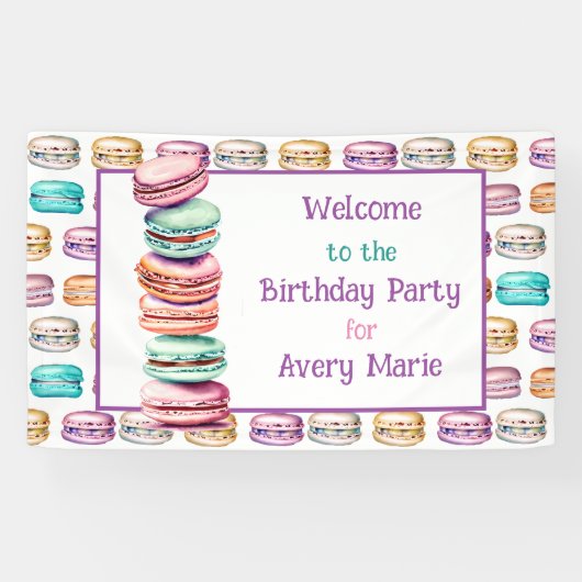Pastel Macaron Cookie Welkom op Verjaardagsfeest Spandoek (Horizontaal)