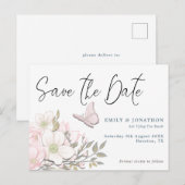 Pastel Magnolias Vlinder Bruiloft Save The Date Briefkaart (Voorkant / Achterkant)