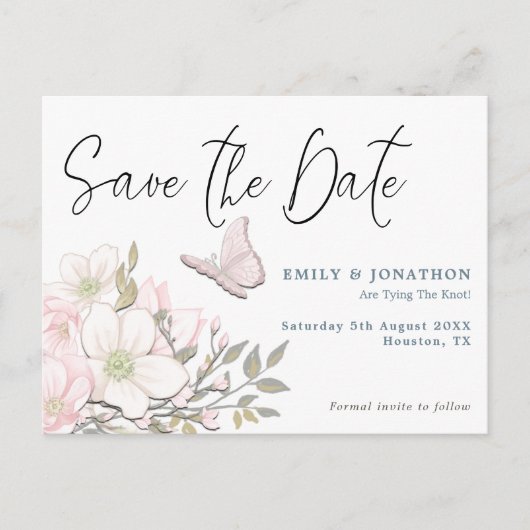 Pastel Magnolias Vlinder Bruiloft Save The Date Briefkaart (Voorkant)