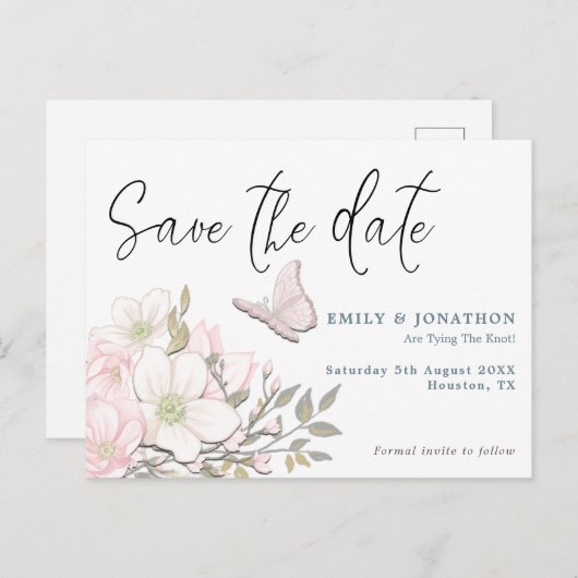 Pastel Magnolias Vlinder Bruiloft Save The Date Briefkaart (Voorkant / Achterkant)