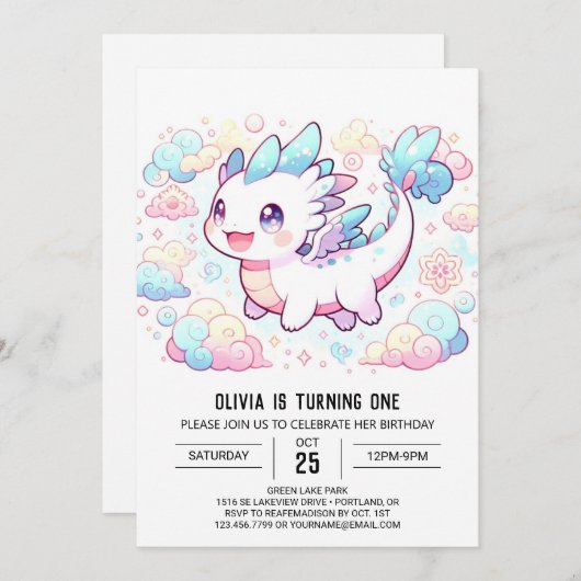 Pastel Majestic Dragon 1e verjaardag Kaart (Voorkant / Achterkant)