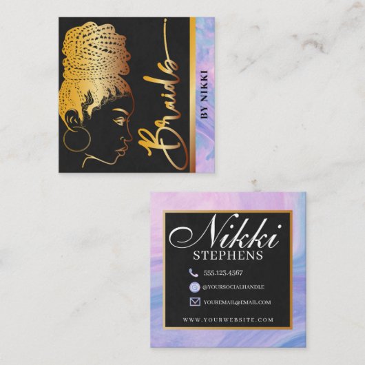 Pastel Marble and Gold Modern Hair Braiding Salon Vierkante Visitekaartje (Voorkant / Achterkant)