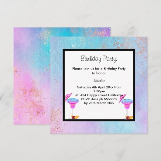 PASTEL MARBLE COCKTAIL BIRTHDAY ARTIJ INVITATIE KAART (Voorkant / Achterkant)