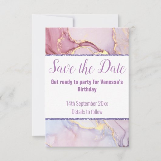 PASTEL MARBLE GLITTER BEWAREN DE DATUM RSVP-KAART RSVP KAARTJE (Voorkant)
