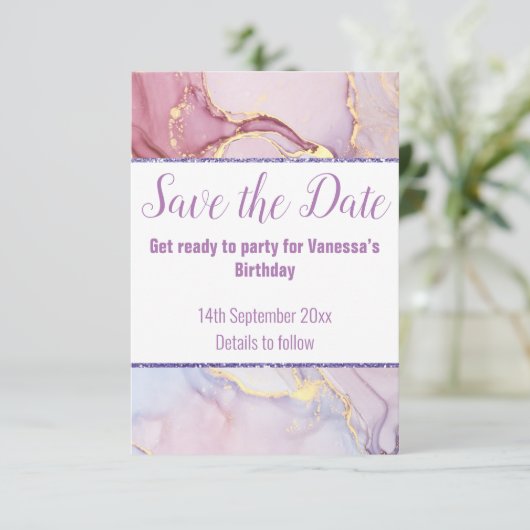 PASTEL MARBLE GLITTER BEWAREN DE DATUM RSVP-KAART RSVP KAARTJE (Staand voorkant)
