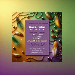 Pastel Mardi Gras Festival Bash Feather Beads Gold Kaart