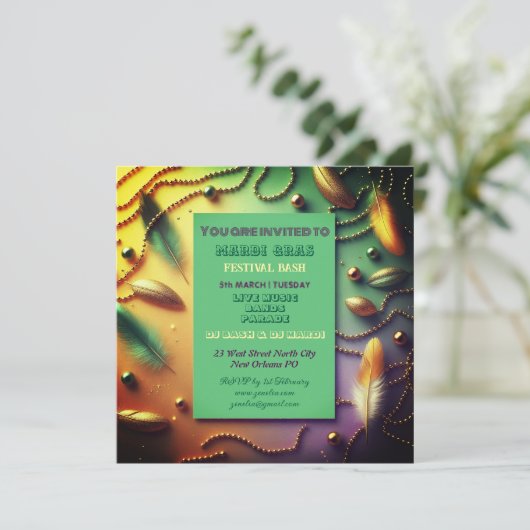 Pastel Mardi Gras Festival Bash Feather Beads Gold Kaart (Staand voorkant)