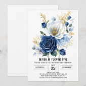 Pastel Marine Blauw Bloemen Verjaardag Kaart (Voorkant / Achterkant)