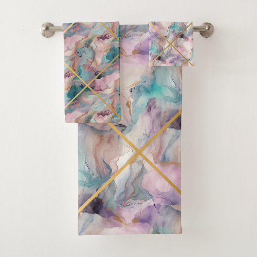 PASTEL MARMER PAARSE GRID ONTWERP BADHANDDOEK SET BAD HANDDOEK (Insitu)