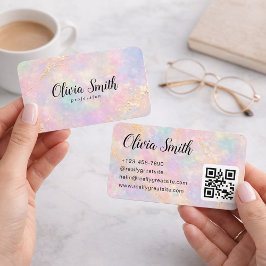 Pastel Marmer Script Naam en Gouden Accenten QR Co Visitekaartje