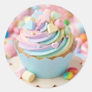Pastel Marshmallow Regenboog Cupcake Verjaardag Ronde Sticker