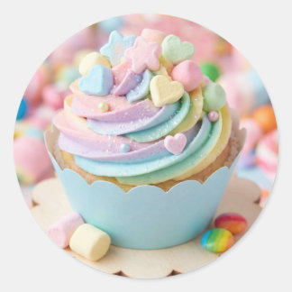 Pastel Marshmallow Regenboog Cupcake Verjaardag Ronde Sticker