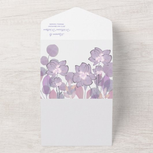 Pastel mauve paarse blush floral all in one uitnodiging (Buitenkant)