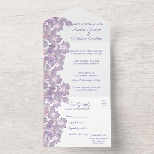 Pastel mauve paarse blush floral all in one uitnodiging (Binnen)