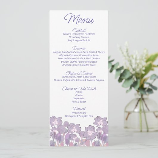 Pastel mauve paarse blush floral Weddenschap Menu (Staand voorkant)
