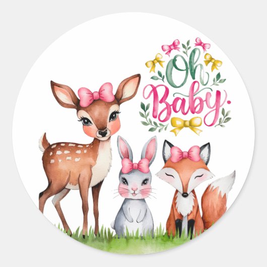 Pastel Meadow Companions Meisje Baby shower Ronde Sticker (Voorkant)