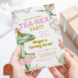 Pastel Meisje Dinosaur Tusj Thee-Rex Eerste Verjaa Kaart