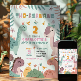 Pastel Meisje Dinosaurus 2de Verjaardagsuitnodigin Kaart