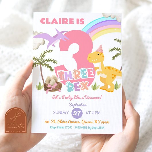 Pastel Meisje Dinosaurus Drie Rex Verjaardagsfeest Kaart
