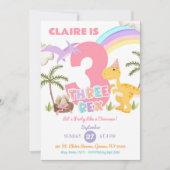 Pastel Meisje Dinosaurus Drie Rex Verjaardagsfeest Kaart (Voorkant)